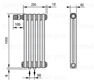 Схема (чертеж) Радиатор Zehnder Charleston 2100/5 №V007 Белый глянцевый RAL 9016